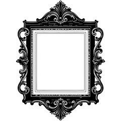 Ornate Frame's Empty Canvas: An intricately carved, black ornate frame stands with an empty space.  Emphasizing timeless elegance.