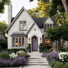 a midwestern suburban tudor home with a purple front door, and landscaping that utilizes chipped white marble rock, exterior view, daytime - purple lavender with rocks - lifestyle, purple door
