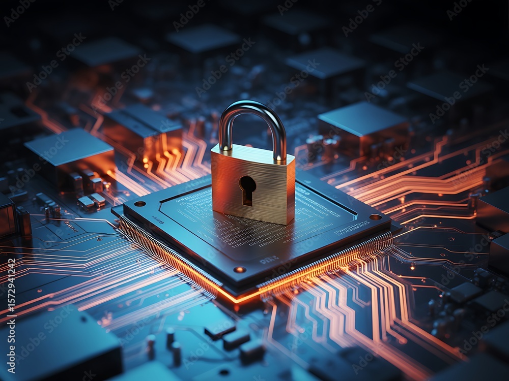 Poster golden padlock securing glowing circuit board with intricate pathways security protection