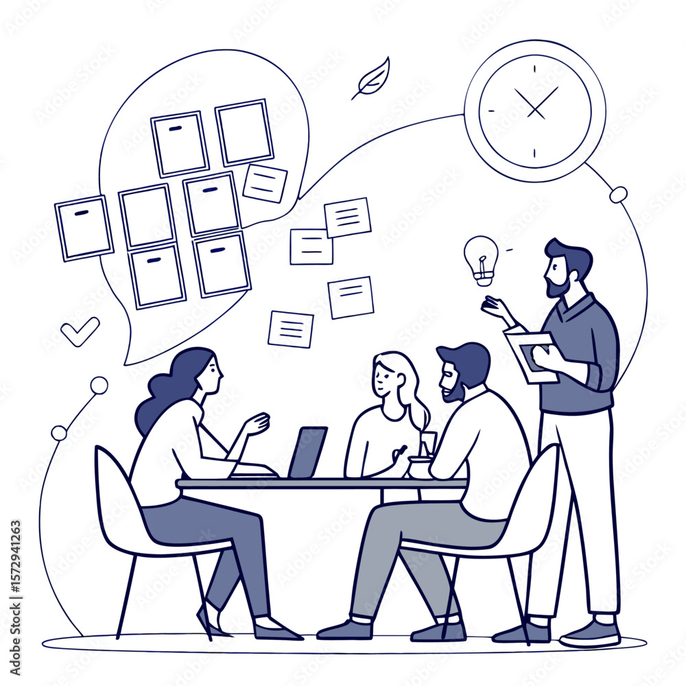Poster A group of people are having a meeting around a table with a laptop and a lightbulb idea above them