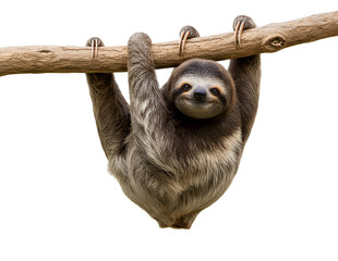 Adorable sloth hanging from a tree branch isolated on transparent background