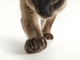 Curious Siamese Cat Close-Up: Adorable Feline Paw Reaching Forward with Smooth Fur Texture on White Background