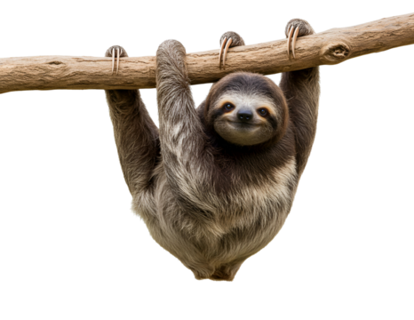 Adorable sloth hanging from a tree branch isolated on transparent background