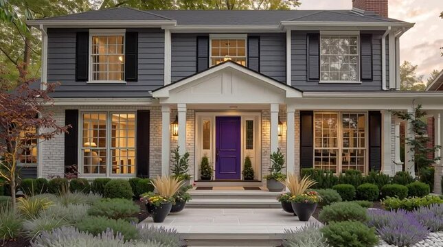 a midwestern suburban home with a purple front door, slow zoom, landscaping that utilizes chipped white marble rock - evening, establishing shot