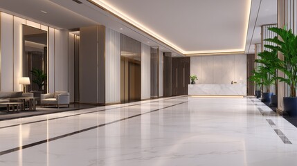 Obraz premium Modern hotel lobby with elegant decor, marble flooring, and lush greenery, inviting atmosphere