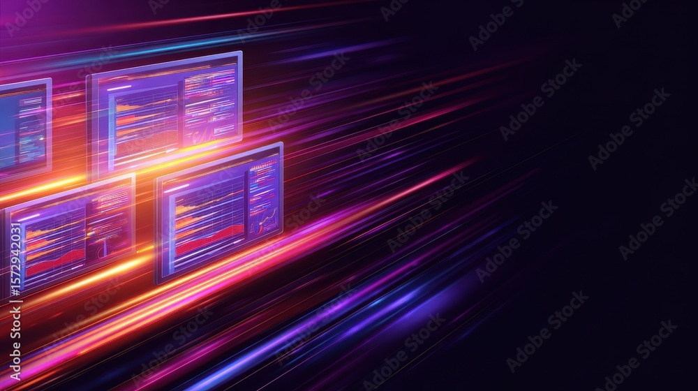 Poster abstract digital background with glowing screens displaying code, symbolizing technology and innovat