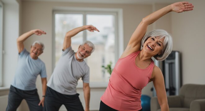 Happy Senior Citizens Enjoying a Group Fitness Class, Stretching and Smiling Together