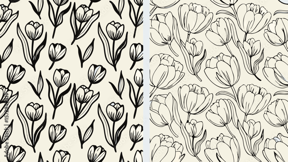 Aufkleber seamless pattern featuring two different styles of tulip flowers with leaves on a light background s