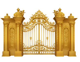Ornate golden gate with cherubs and angelic statues in classical architectural style