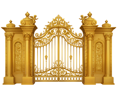 Ornate golden gate with cherubs and angelic statues in classical architectural style