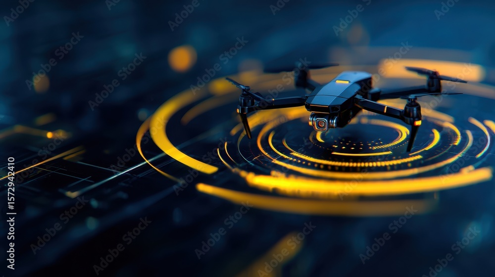 Poster a sleek drone hovering above a futuristic digital interface with glowing data patterns