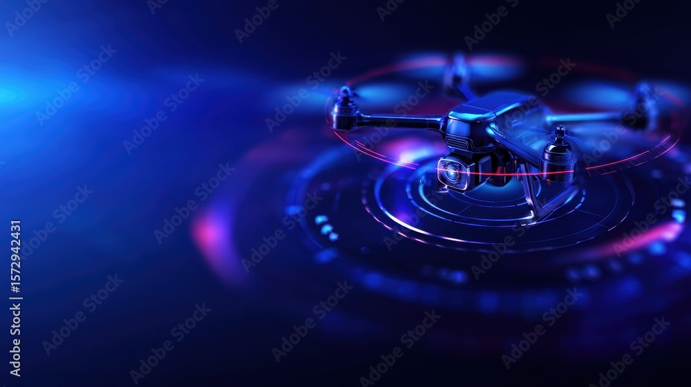 Poster a futuristic drone hovering above a glowing digital interface in a high-tech environment