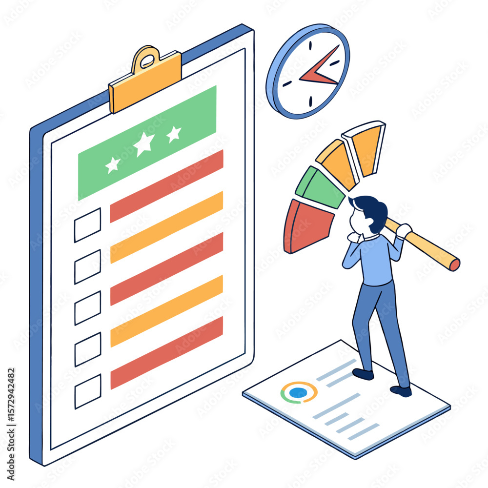 Poster isometric illustration of a man analyzing a pie chart next to a clipboard and a clock on a white bac