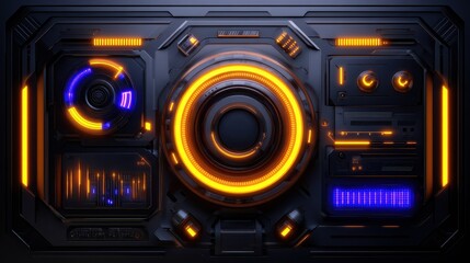 Fototapeta premium Futuristic control panel featuring glowing orange and blue elements with intricate designs