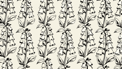 Monochrome botanical pattern featuring foxglove flowers and foliage in a repeating arrangement style design