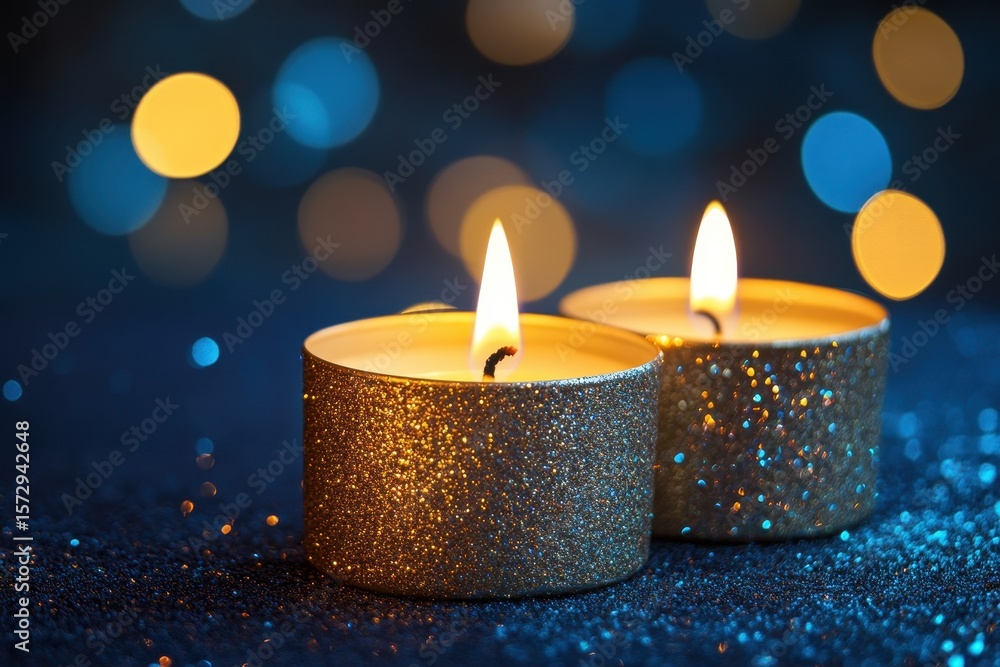 Poster glowing glitter candles create a warm ambiance with bokeh background in festive atmosphere, three gl
