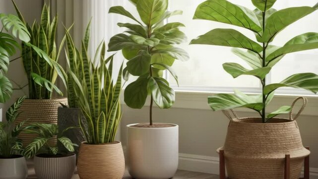 Indoor plants in decorative pots near window, featuring monstera and snake plant.