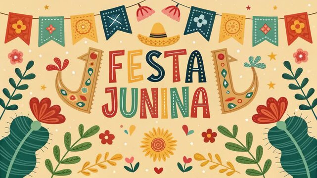 Festa Junina festive banner with flags and flowers
