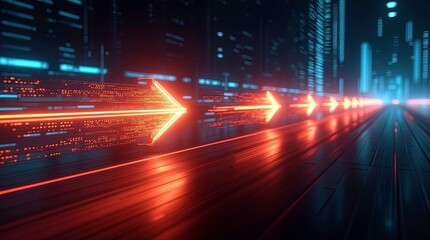 A futuristic red arrows smashing through a digital barrier, representing innovation, discipline and breakthrough