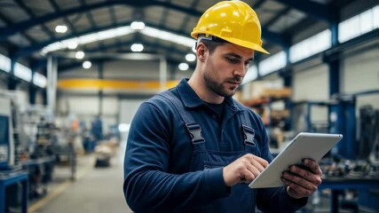 Industrial engineer wearing protective workwear and yellow helmet using digital tablet, managing and controlling production process in a modern factory - Powered by Adobe