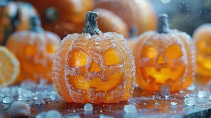 Frosted Halloween jack-o-lantern candies sparkle with sugar and glow under dramatic lighting, offering a fun, spooky, and festive treat scene.