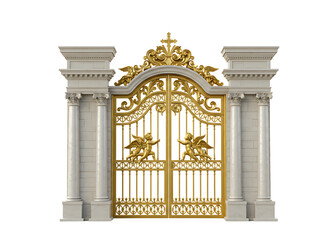 Fototapeta premium Ornate beige ornate metal gate with decorative scrollwork and pillars