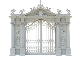 Ornate beige ornate metal gate with decorative scrollwork and pillars