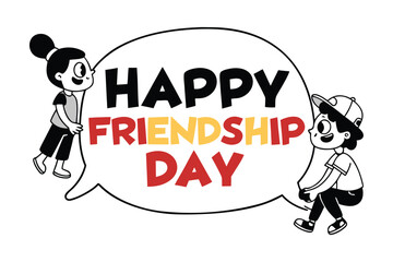 Happy friendship day illustration featuring two cartoon children inside a large speech bubble celebrating their bond