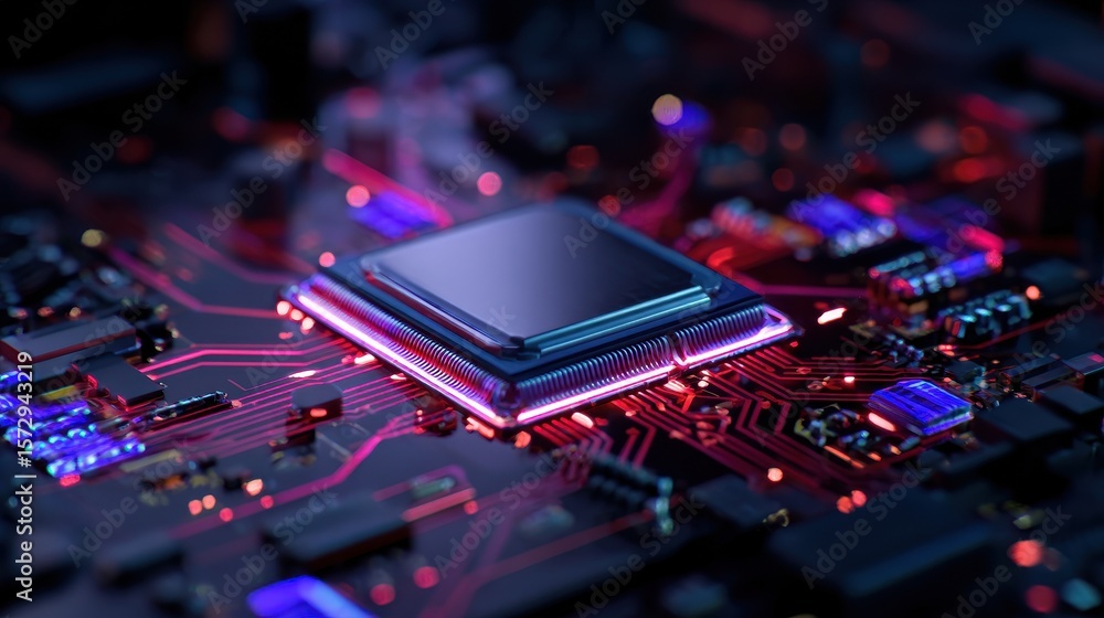 Poster close-up view of a modern microprocessor on a circuit board with vibrant lighting effects