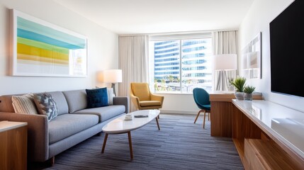 Fototapeta premium Modern hotel room with a cozy couch, colorful artwork, and large window showcasing city views