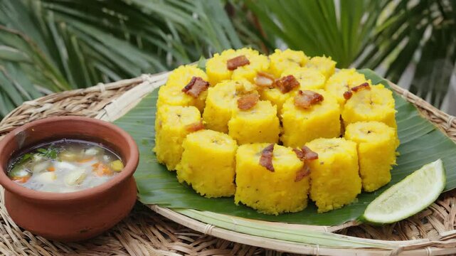 Mofongo Puerto Rican , mashed plantains with garlic and pork cracklings, served with a savory broth, vibrant tropical setting with natural sunlight
