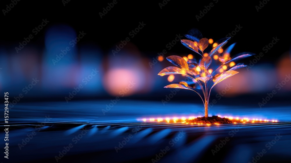 Poster glowing miniature tree sprouting on a reflective surface with a blurred cityscape background
