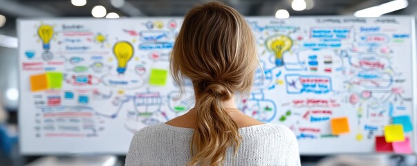 A woman studies a large whiteboard filled with colorful notes, diagrams, and ideas in a creative workspace.