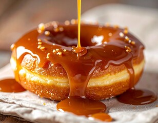 Caramel Glazed Delight: A close-up shot of a delectable donut generously glazed with rich, flowing caramel, glistening with a sprinkle of sugar, tempting the viewer with its sweet perfection.