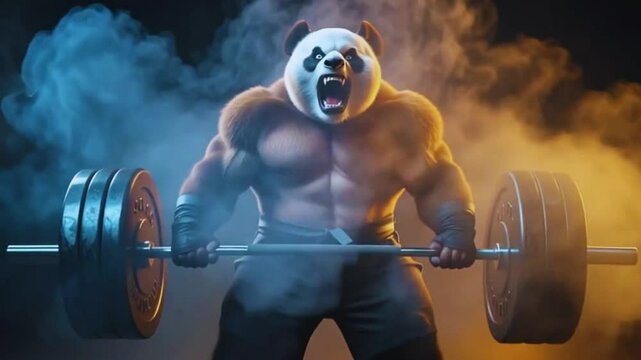 Strong muscular Panda lifting barbell in a gym, demonstrating powerful bodybuilder training and fitness