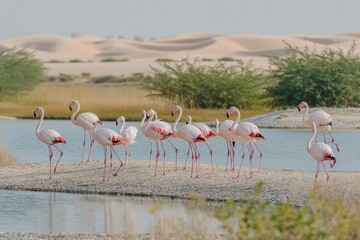 Colony of greater flamingos wading in the serene waters of Al Wathba Wetland Reserve under the desert sun, Colony of greater flamingos at Al Wathba Wetland Reserve in Abu Dhabi, UAE