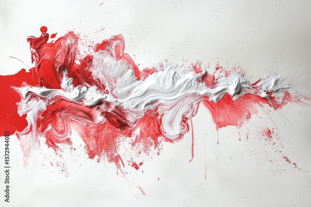 Poster dynamic swirling patterns of red and white ink blend together in an abstract composition, white and 