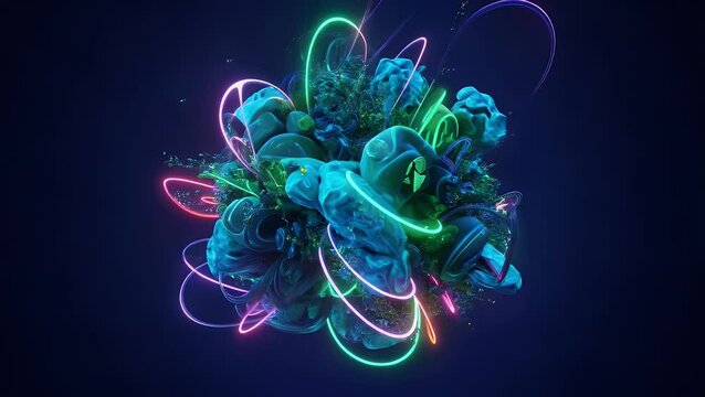 Abstract bioluminescent sculpture with neon rings