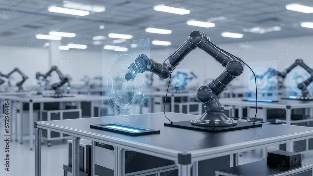 Poster stateoftheart manufacturing floor with digital hologram device for robotic process management.