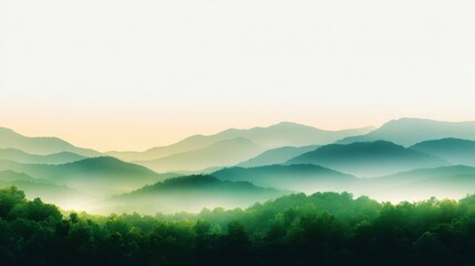 Fototapeta premium Serene mountain landscape at dawn with layered hills and soft mist enveloping the valleys