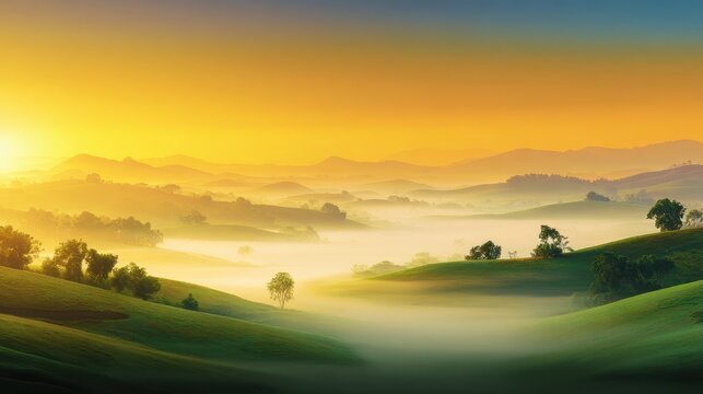 Serene sunrise over rolling hills and misty valleys, showcasing nature's tranquility and beauty