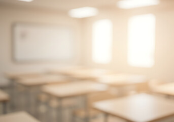 Blurred Classroom Interior with Desks and Whiteboard Soft Light.