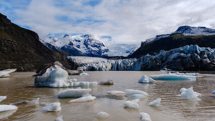 Discover the breathtaking views of Svinafellsjokull Glacier, where glacial ice meets tranquil waters. The stunning contrasts of blue ice and dark rocks create an unforgettable landscape in Iceland.