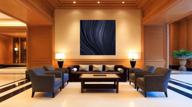 Modern hotel lobby featuring stylish seating, elegant decor, and abstract artwork on the wall