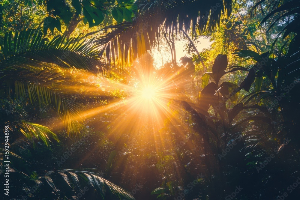 Poster sunlight shines through tree branches, creating a magical glow in the forest at dawn, sun light and 