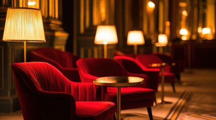 Elegant red chairs arranged in a luxurious lounge with warm lighting and ornate decor