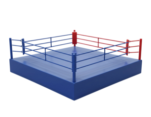 Boxing ring with blue padding and red and white ropes isolated on transparent background