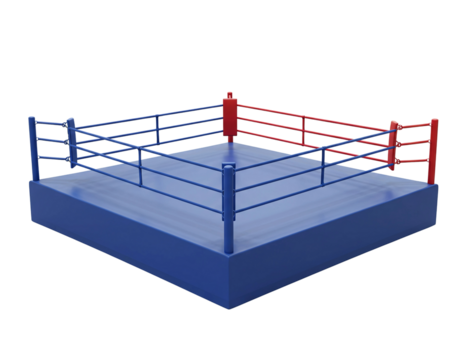 Boxing ring with blue padding and red and white ropes isolated on transparent background