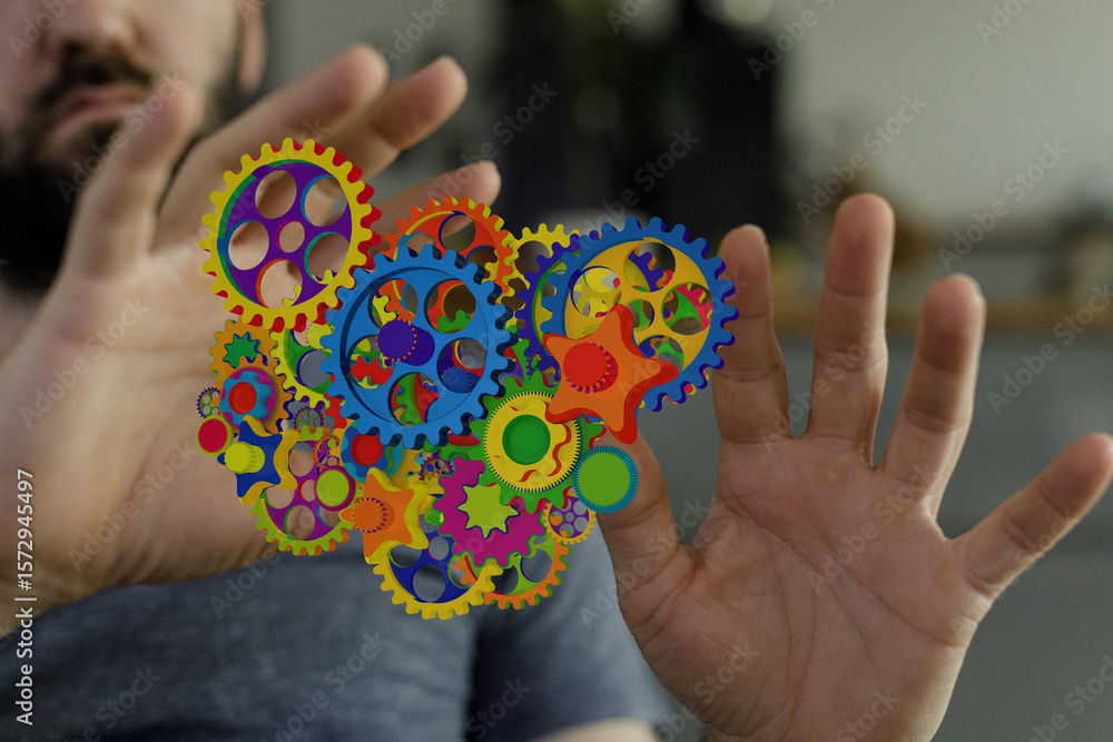 Poster abstract image of colorful gears symbolizing teamwork, innovation, and complex systems.