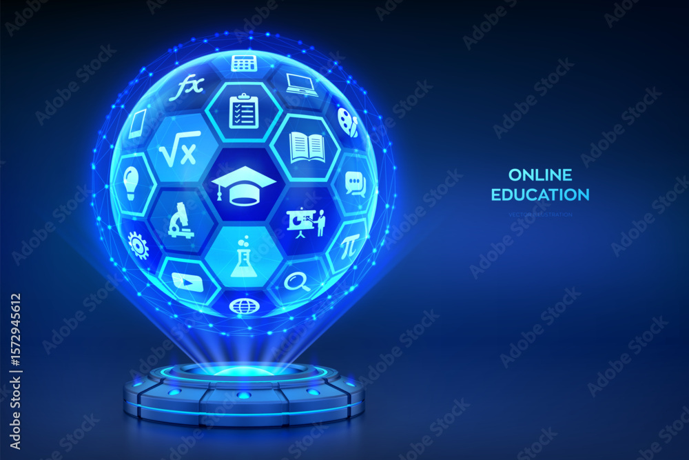 Poster e-learning. innovative online education technology concept. online learning. holographic platform wi